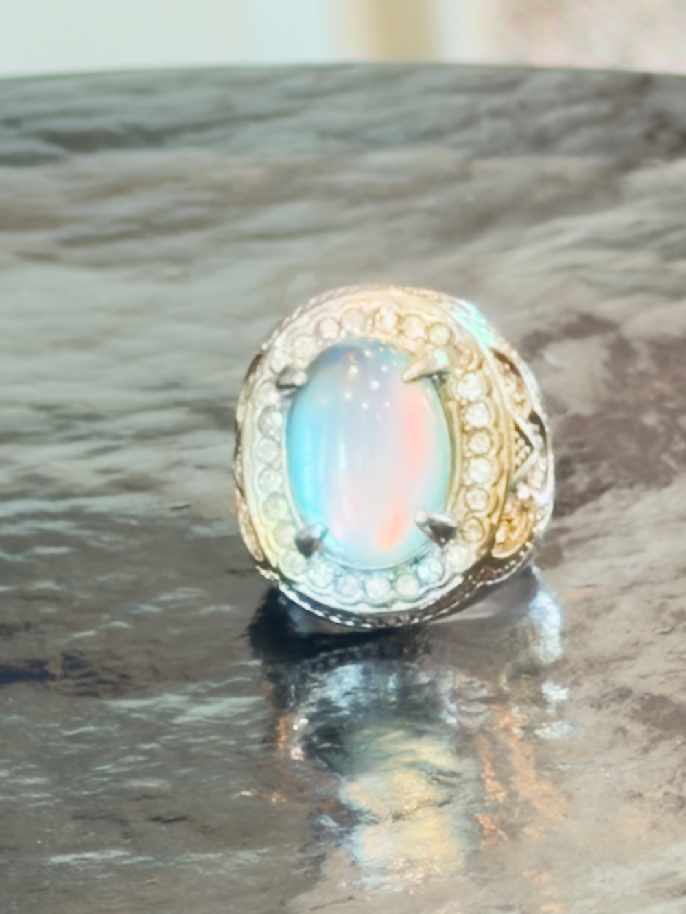 Vintage-Style Ornate Simulated Opal Statement Ring with Filigree Details